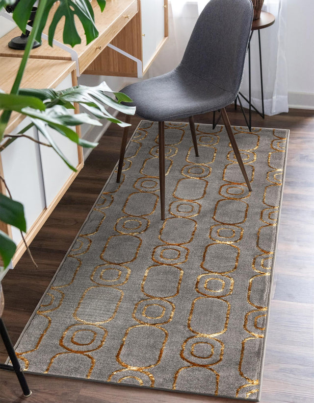 Gray and Gold 2' x 5' 1 Vogue Geo Runner Area Rug Geometric Glam Style Shiny Accents Carpet Mat for Unique Interior Design & Home Decor for Sale at Rug Engine