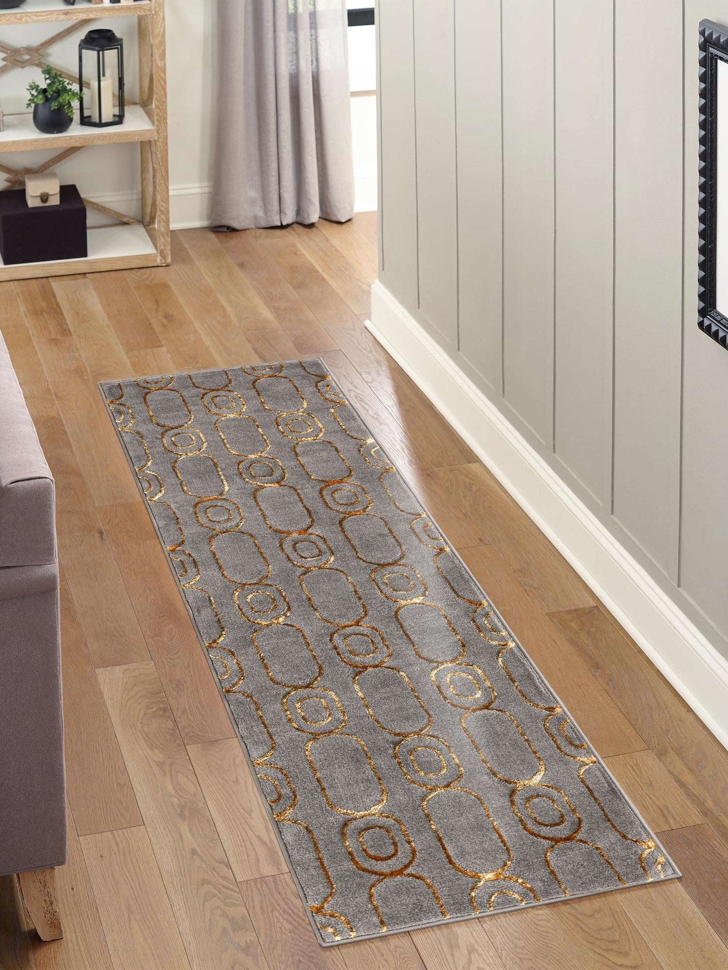 Gray and Gold 2' 7 x 12' Vogue Geo Runner Area Rug Geometric Glam Style Shiny Accents Carpet Mat for Unique Interior Design & Home Decor for Sale at Rug Engine