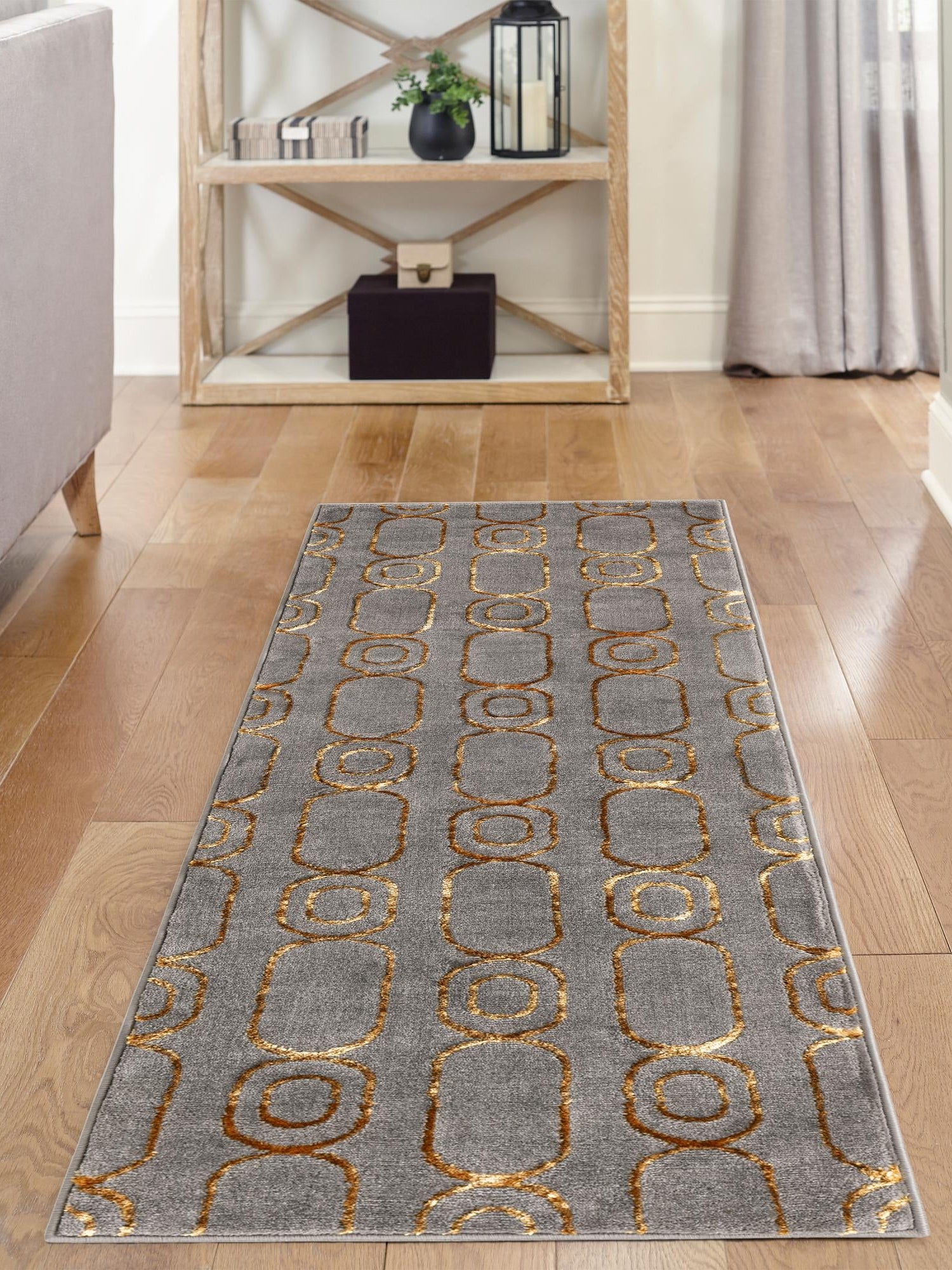 Gray and Gold 2' x 5' 1 Vogue Geo Runner Area Rug Geometric Glam Style Shiny Accents Carpet Mat for Unique Interior Design & Home Decor for Sale at Rug Engine