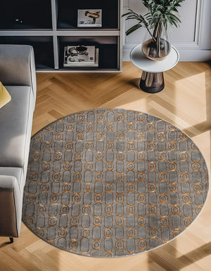 Gray and Gold 7' 10 x 7' 10 Vogue Geo Round Area Rug Geometric Glam Style Shiny Accents Carpet Mat for Unique Interior Design & Home Decor for Sale at Rug Engine