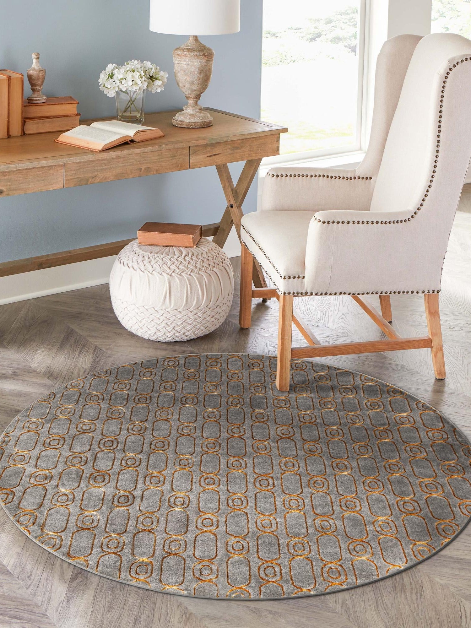 Gray and Gold 7' 10 x 7' 10 Vogue Geo Round Area Rug Geometric Glam Style Shiny Accents Carpet Mat for Unique Interior Design & Home Decor for Sale at Rug Engine