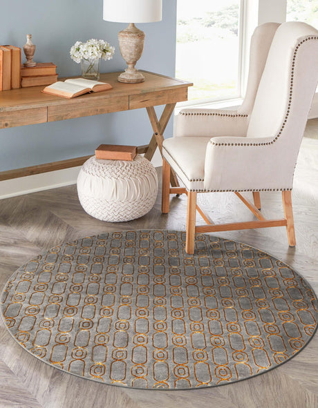 Gray and Gold 7' 10 x 7' 10 Vogue Geo Round Area Rug Geometric Glam Style Shiny Accents Carpet Mat for Unique Interior Design & Home Decor for Sale at Rug Engine