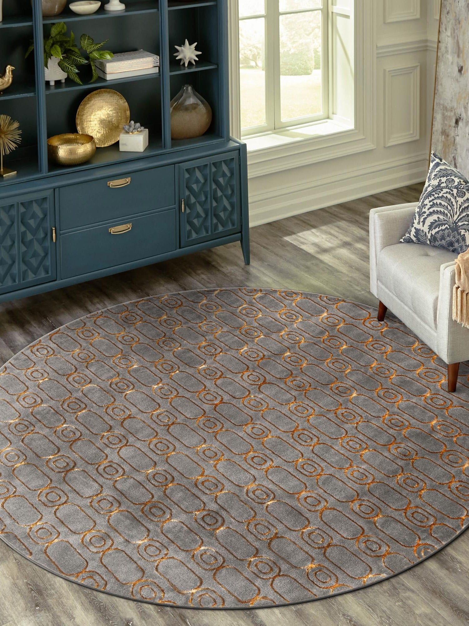 Gray and Gold 7' 10 x 7' 10 Vogue Geo Round Area Rug Geometric Glam Style Shiny Accents Carpet Mat for Unique Interior Design & Home Decor for Sale at Rug Engine