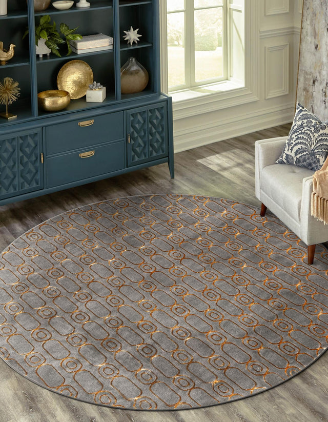 Gray and Gold 7' 10 x 7' 10 Vogue Geo Round Area Rug Geometric Glam Style Shiny Accents Carpet Mat for Unique Interior Design & Home Decor for Sale at Rug Engine