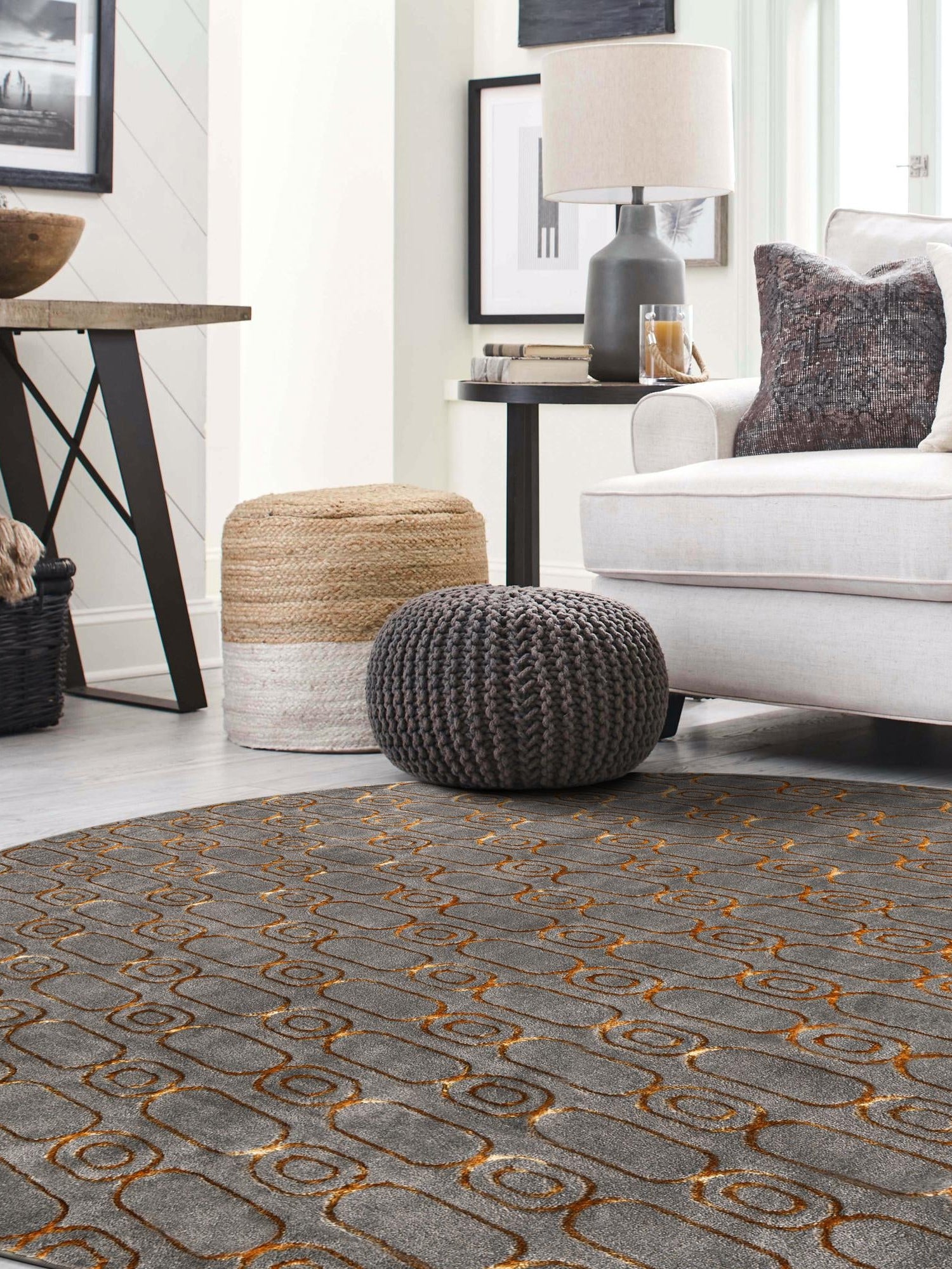 Gray and Gold 7' 10 x 7' 10 Vogue Geo Round Area Rug Geometric Glam Style Shiny Accents Carpet Mat for Unique Interior Design & Home Decor for Sale at Rug Engine