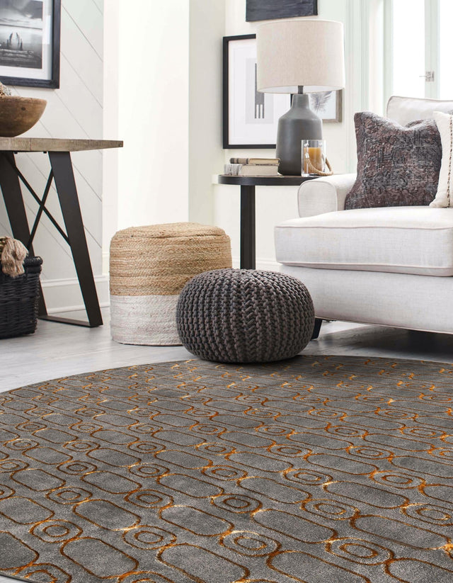 Gray and Gold 7' 10 x 7' 10 Vogue Geo Round Area Rug Geometric Glam Style Shiny Accents Carpet Mat for Unique Interior Design & Home Decor for Sale at Rug Engine
