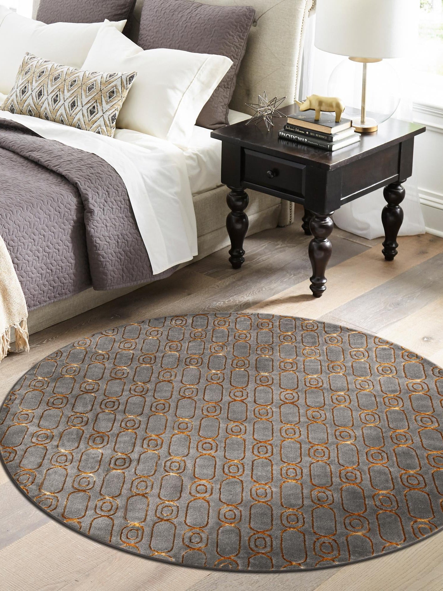 Gray and Gold 6' 1 x 6' 1 Vogue Geo Round Area Rug Geometric Glam Style Shiny Accents Carpet Mat for Unique Interior Design & Home Decor for Sale at Rug Engine