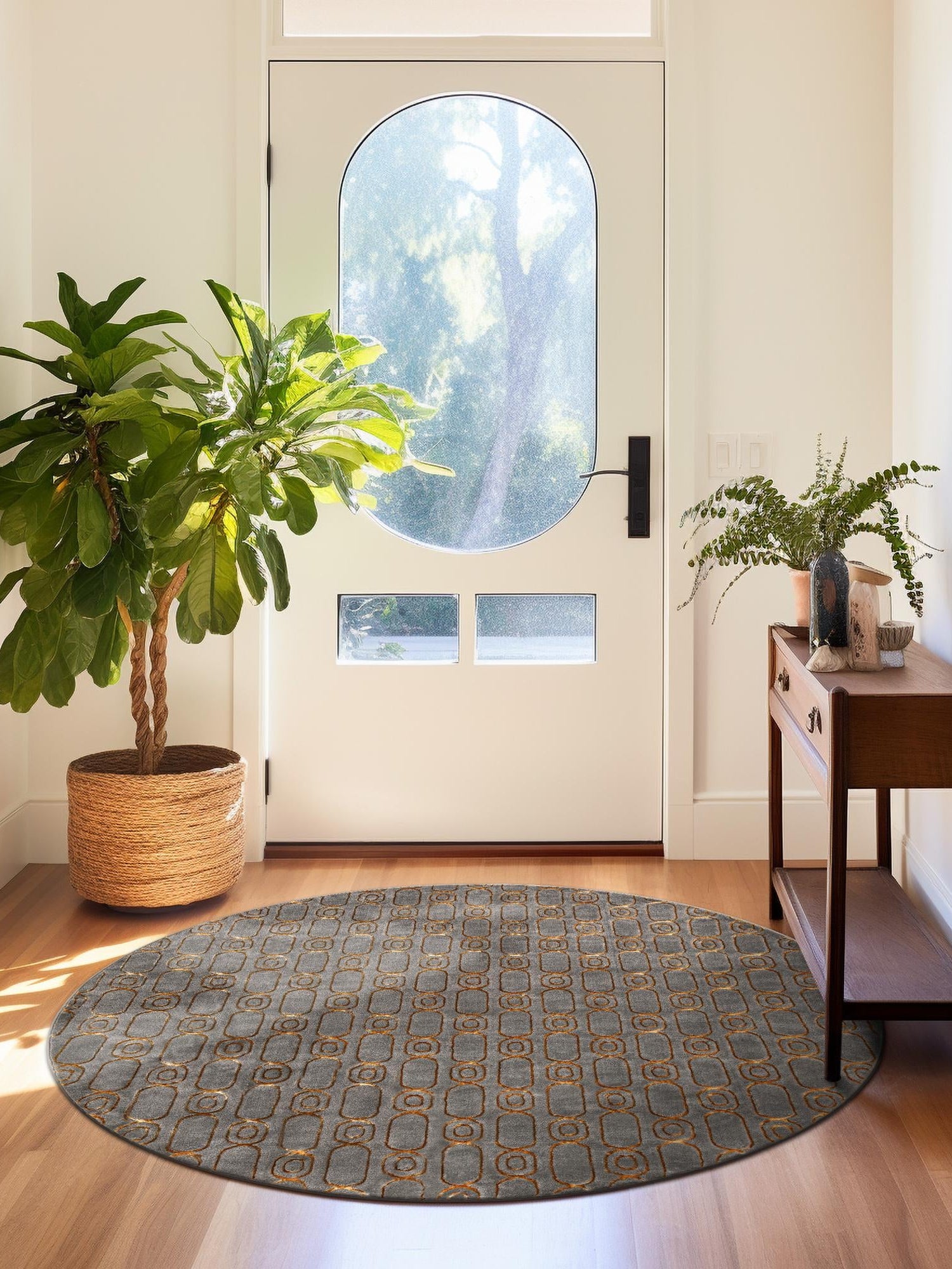 Gray and Gold 7' 10 x 7' 10 Vogue Geo Round Area Rug Geometric Glam Style Shiny Accents Carpet Mat for Unique Interior Design & Home Decor for Sale at Rug Engine