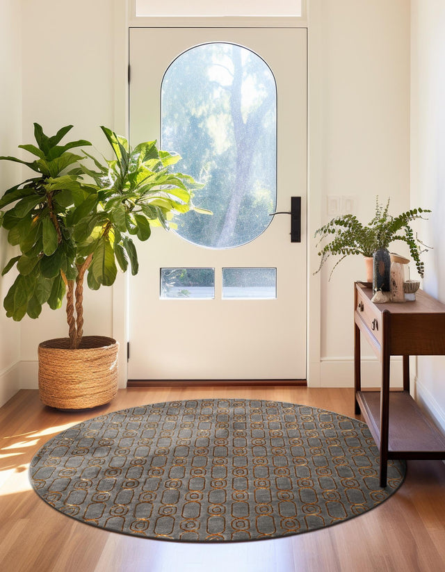 Gray and Gold 6' 1 x 6' 1 Vogue Geo Round Area Rug Geometric Glam Style Shiny Accents Carpet Mat for Unique Interior Design & Home Decor for Sale at Rug Engine