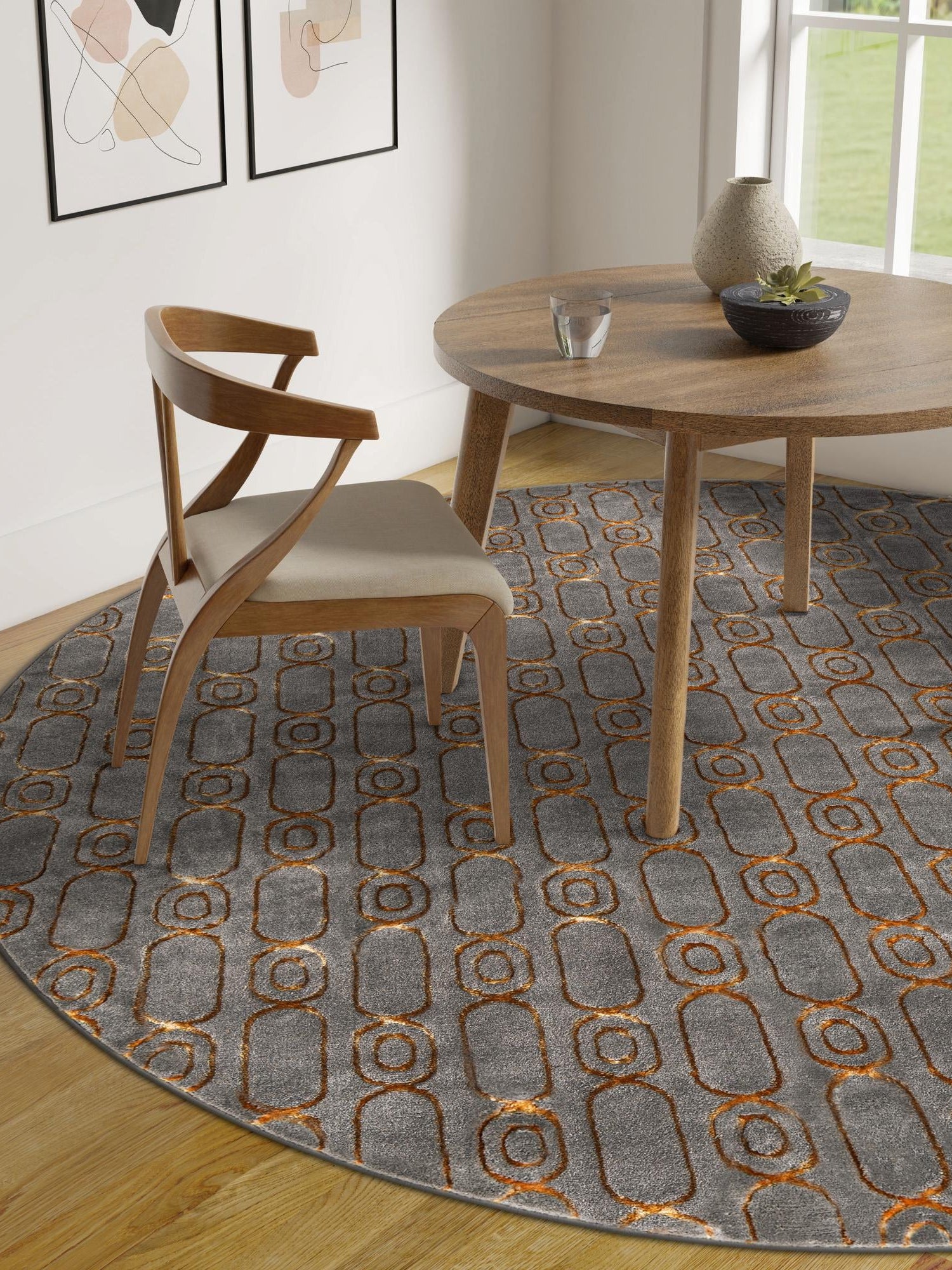 Gray and Gold 7' 10 x 7' 10 Vogue Geo Round Area Rug Geometric Glam Style Shiny Accents Carpet Mat for Unique Interior Design & Home Decor for Sale at Rug Engine