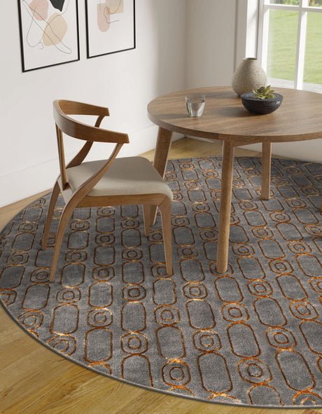 Gray and Gold 7' 10 x 7' 10 Vogue Geo Round Area Rug Geometric Glam Style Shiny Accents Carpet Mat for Unique Interior Design & Home Decor for Sale at Rug Engine