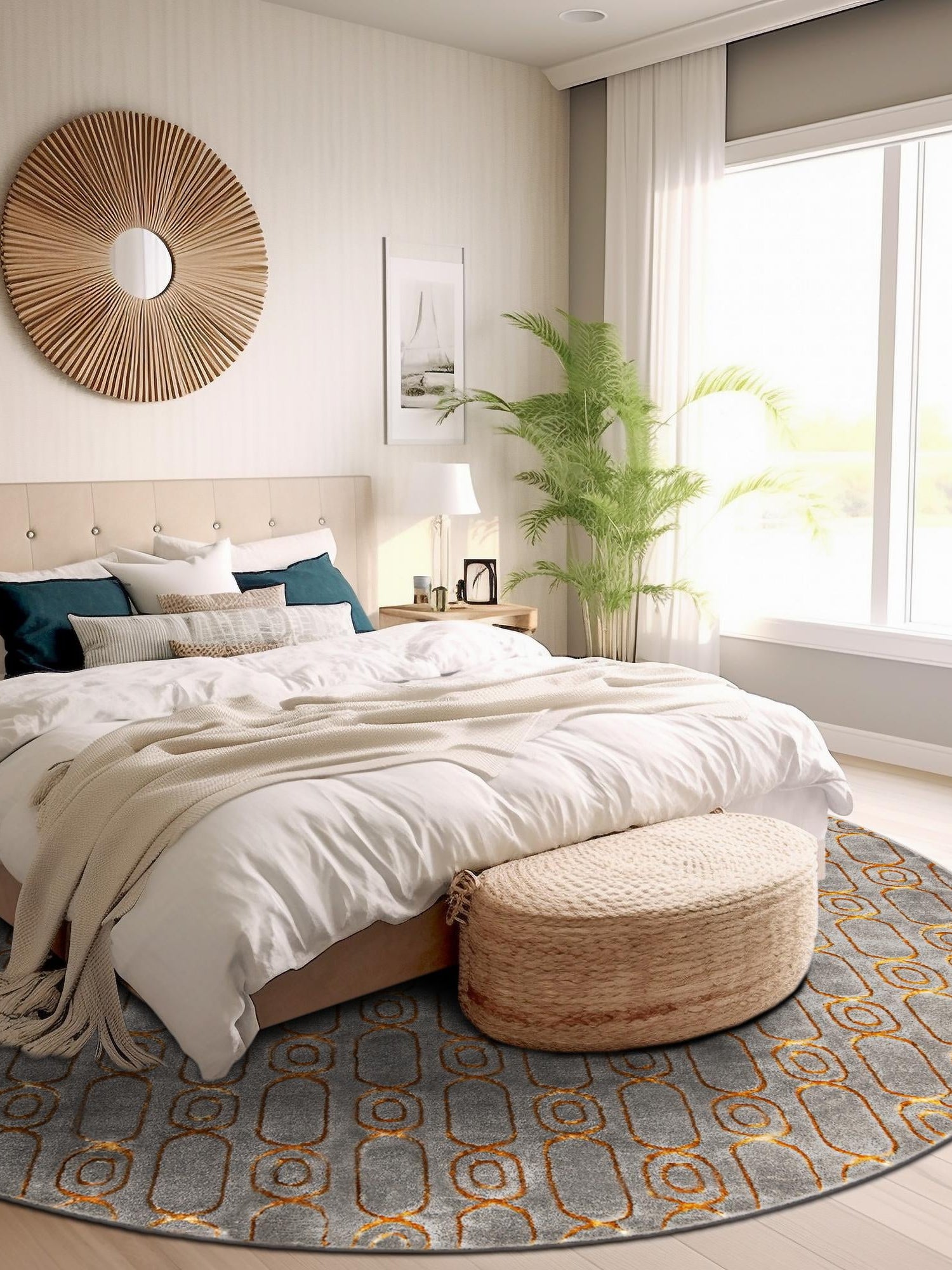 Gray and Gold 7' 10 x 7' 10 Vogue Geo Round Area Rug Geometric Glam Style Shiny Accents Carpet Mat for Unique Interior Design & Home Decor for Sale at Rug Engine