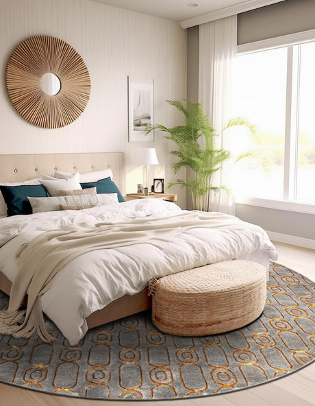 Gray and Gold 7' 10 x 7' 10 Vogue Geo Round Area Rug Geometric Glam Style Shiny Accents Carpet Mat for Unique Interior Design & Home Decor for Sale at Rug Engine