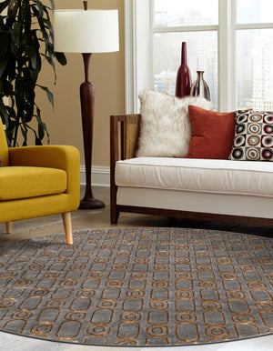 Gray and Gold 6' 1 x 6' 1 Vogue Geo Round Area Rug Geometric Glam Style Shiny Accents Carpet Mat for Unique Interior Design & Home Decor for Sale at Rug Engine