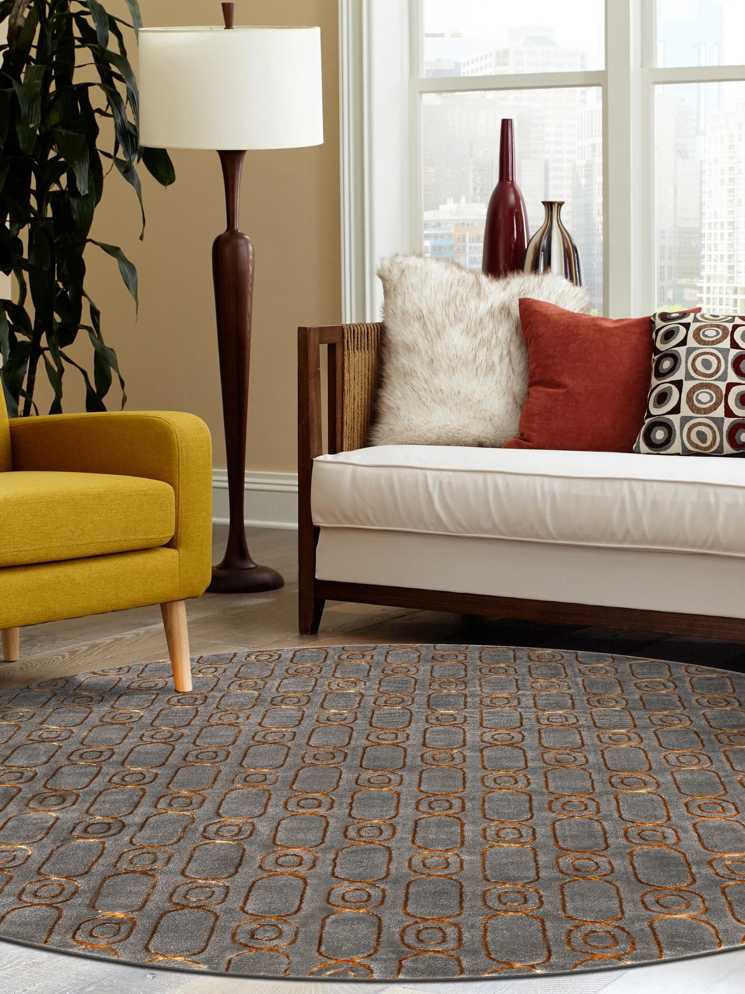 Gray and Gold 7' 10 x 7' 10 Vogue Geo Round Area Rug Geometric Glam Style Shiny Accents Carpet Mat for Unique Interior Design & Home Decor for Sale at Rug Engine