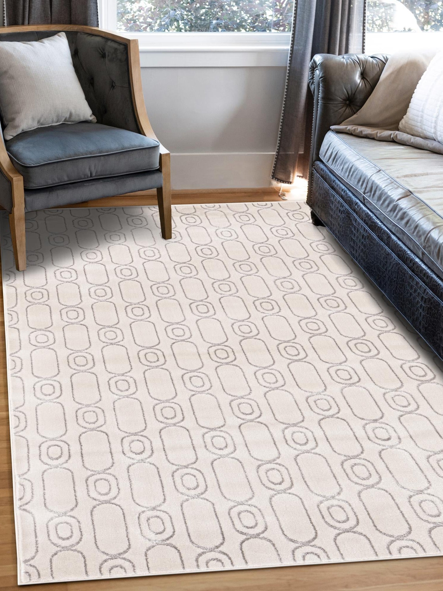 White and Silver 5' 3 x 7' 1 Vogue Geo Rectangle Area Rug Geometric Glam Style Shiny Accents Carpet Mat for Unique Interior Design & Home Decor for Sale at Rug Engine