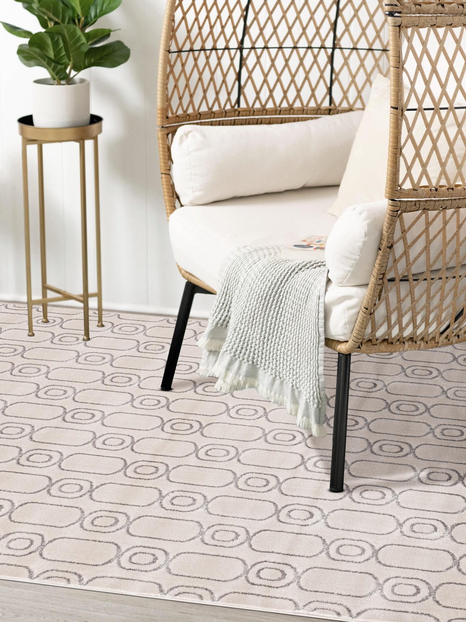 White and Silver 6' 1 x 9' Vogue Geo Rectangle Area Rug Geometric Glam Style Shiny Accents Carpet Mat for Unique Interior Design & Home Decor for Sale at Rug Engine