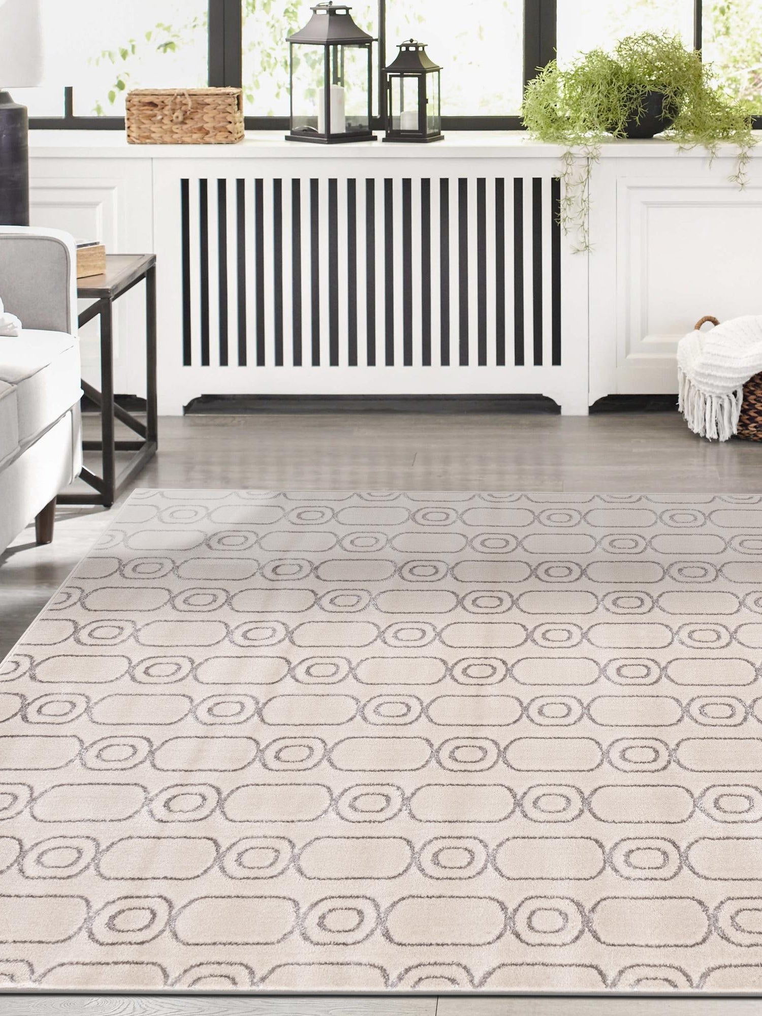 White and Silver 4' 1 x 6' 1 Vogue Geo Rectangle Area Rug Geometric Glam Style Shiny Accents Carpet Mat for Unique Interior Design & Home Decor for Sale at Rug Engine