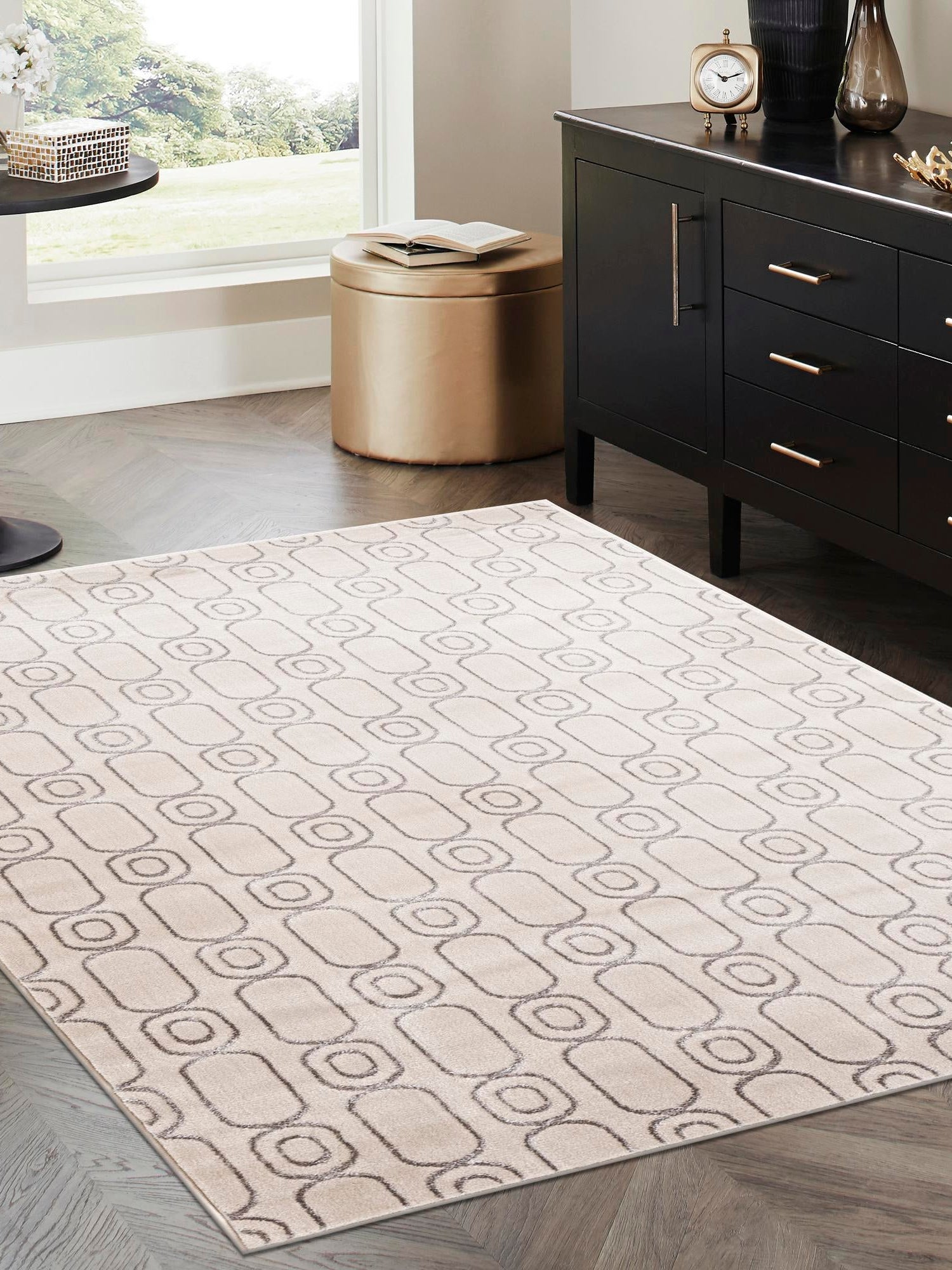 White and Silver 6' 1 x 9' Vogue Geo Rectangle Area Rug Geometric Glam Style Shiny Accents Carpet Mat for Unique Interior Design & Home Decor for Sale at Rug Engine