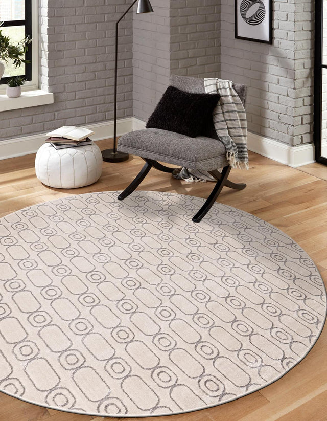 White and Silver 7' 10 x 7' 10 Vogue Geo Round Area Rug Geometric Glam Style Shiny Accents Carpet Mat for Unique Interior Design & Home Decor for Sale at Rug Engine
