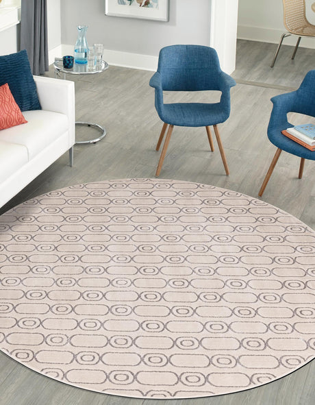 White and Silver 7' 10 x 7' 10 Vogue Geo Round Area Rug Geometric Glam Style Shiny Accents Carpet Mat for Unique Interior Design & Home Decor for Sale at Rug Engine