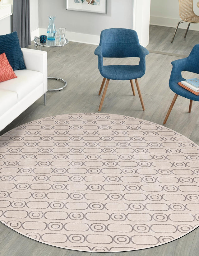 White and Silver 7' 10 x 7' 10 Vogue Geo Round Area Rug Geometric Glam Style Shiny Accents Carpet Mat for Unique Interior Design & Home Decor for Sale at Rug Engine