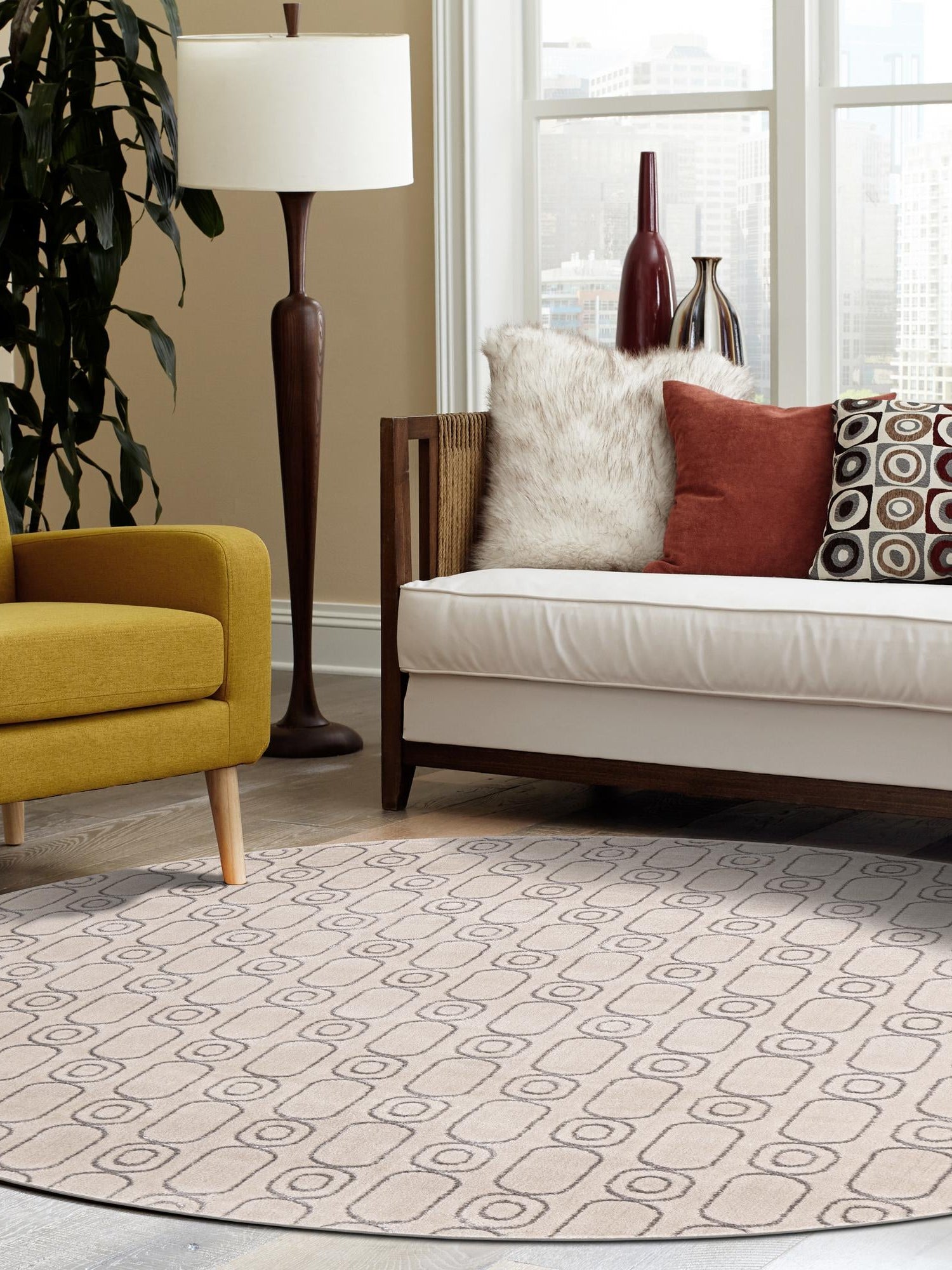 White and Silver 7' 10 x 7' 10 Vogue Geo Round Area Rug Geometric Glam Style Shiny Accents Carpet Mat for Unique Interior Design & Home Decor for Sale at Rug Engine