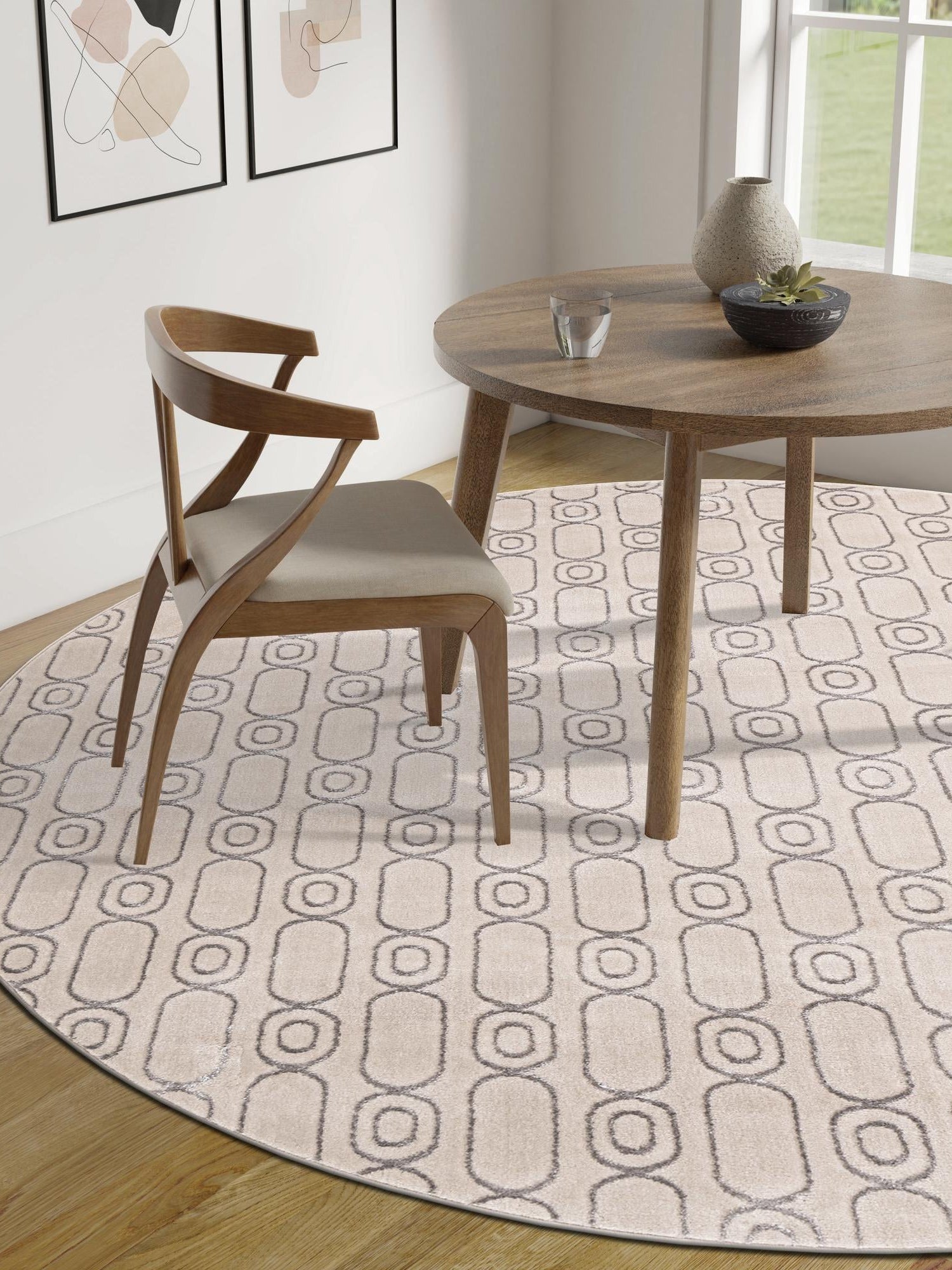 White and Silver 7' 10 x 7' 10 Vogue Geo Round Area Rug Geometric Glam Style Shiny Accents Carpet Mat for Unique Interior Design & Home Decor for Sale at Rug Engine