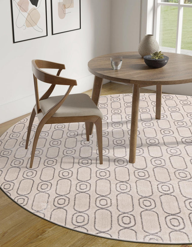White and Silver 7' 10 x 7' 10 Vogue Geo Round Area Rug Geometric Glam Style Shiny Accents Carpet Mat for Unique Interior Design & Home Decor for Sale at Rug Engine