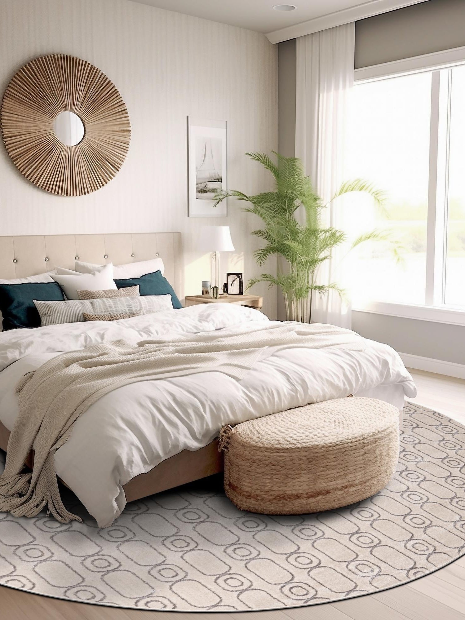 White and Silver 7' 10 x 7' 10 Vogue Geo Round Area Rug Geometric Glam Style Shiny Accents Carpet Mat for Unique Interior Design & Home Decor for Sale at Rug Engine