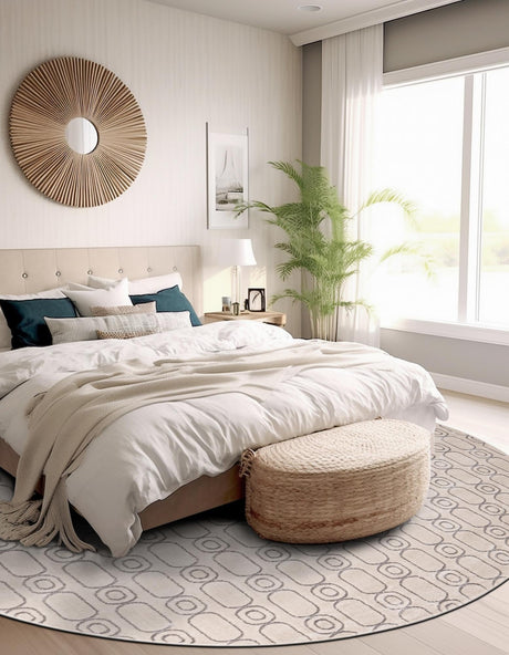 White and Silver 7' 10 x 7' 10 Vogue Geo Round Area Rug Geometric Glam Style Shiny Accents Carpet Mat for Unique Interior Design & Home Decor for Sale at Rug Engine