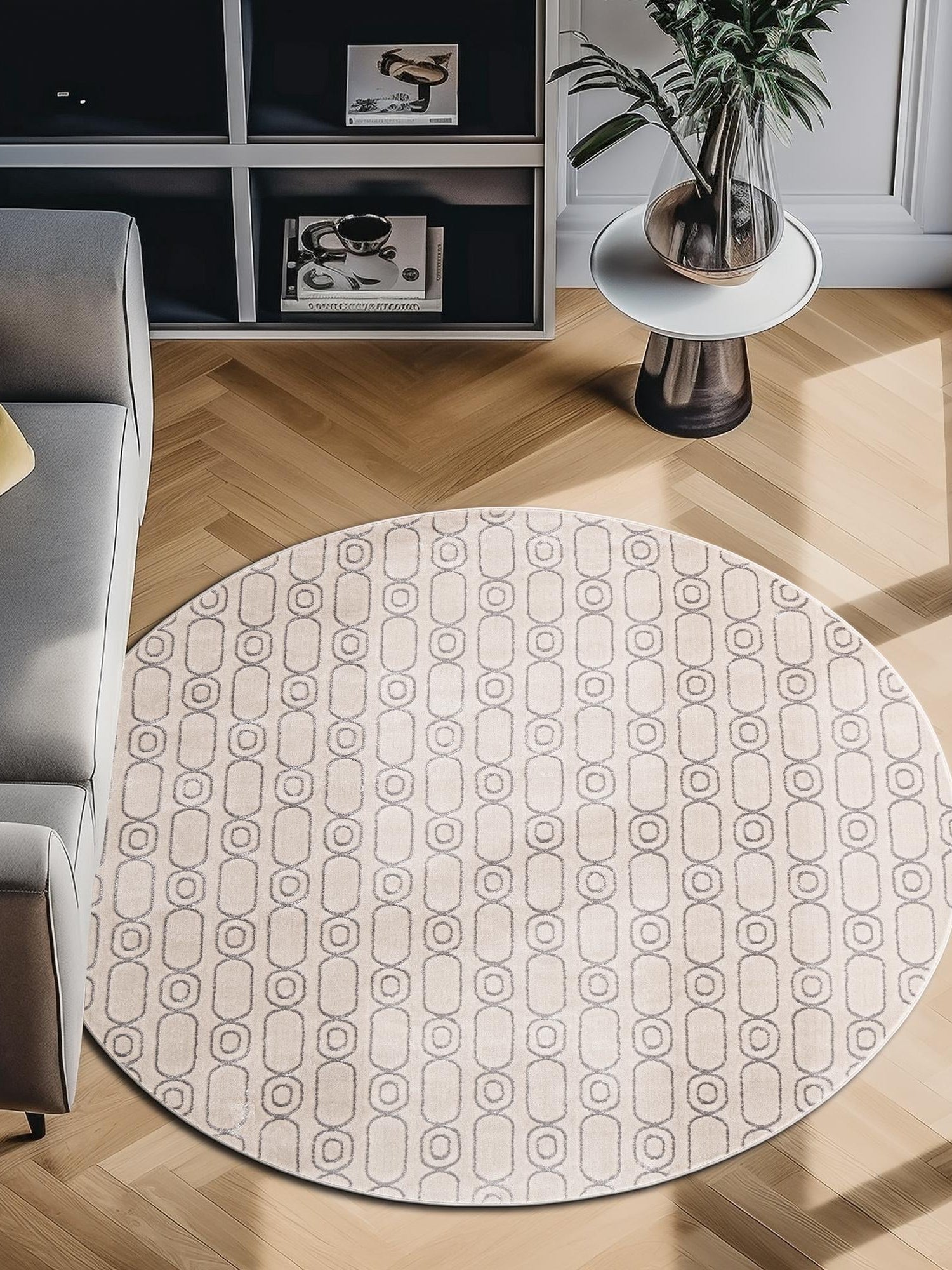 White and Silver 7' 10 x 7' 10 Vogue Geo Round Area Rug Geometric Glam Style Shiny Accents Carpet Mat for Unique Interior Design & Home Decor for Sale at Rug Engine