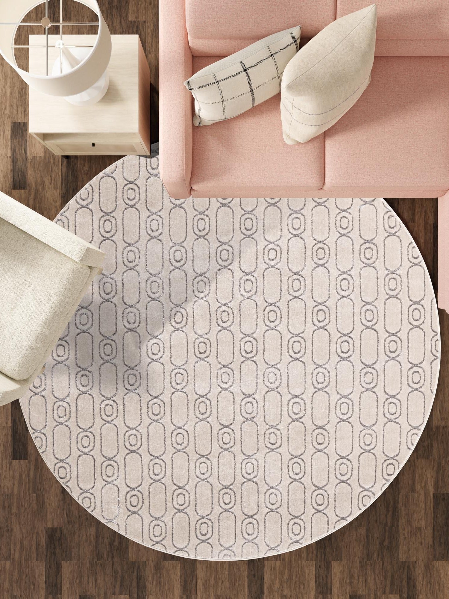 White and Silver 7' 10 x 7' 10 Vogue Geo Round Area Rug Geometric Glam Style Shiny Accents Carpet Mat for Unique Interior Design & Home Decor for Sale at Rug Engine