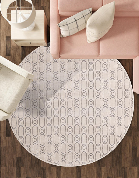 White and Silver 7' 10 x 7' 10 Vogue Geo Round Area Rug Geometric Glam Style Shiny Accents Carpet Mat for Unique Interior Design & Home Decor for Sale at Rug Engine