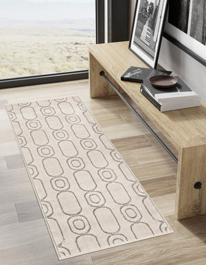 White and Silver 2' x 6' 1 Vogue Geo Runner Area Rug Geometric Glam Style Shiny Accents Carpet Mat for Unique Interior Design & Home Decor for Sale at Rug Engine