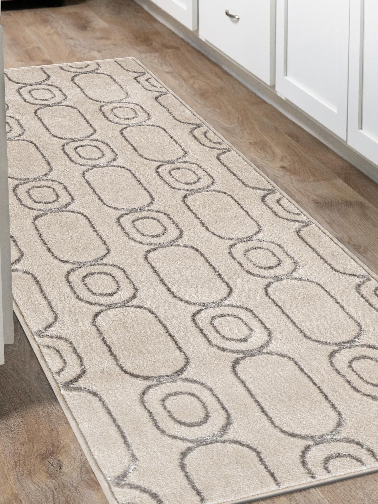 White and Silver 2' x 8' Vogue Geo Runner Area Rug Geometric Glam Style Shiny Accents Carpet Mat for Unique Interior Design & Home Decor for Sale at Rug Engine