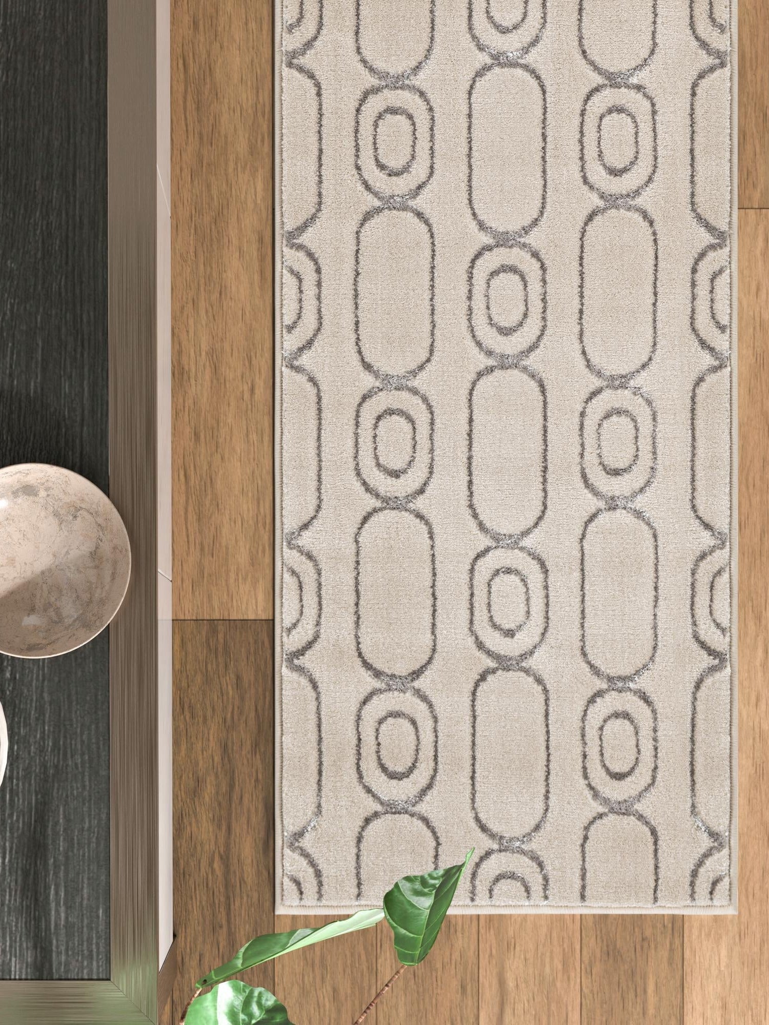 White and Silver 2' x 8' Vogue Geo Runner Area Rug Geometric Glam Style Shiny Accents Carpet Mat for Unique Interior Design & Home Decor for Sale at Rug Engine