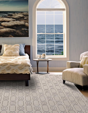 White and Silver 7' 10 x 7' 10 Vogue Geo Square Area Rug Geometric Glam Style Shiny Accents Carpet Mat for Unique Interior Design & Home Decor for Sale at Rug Engine