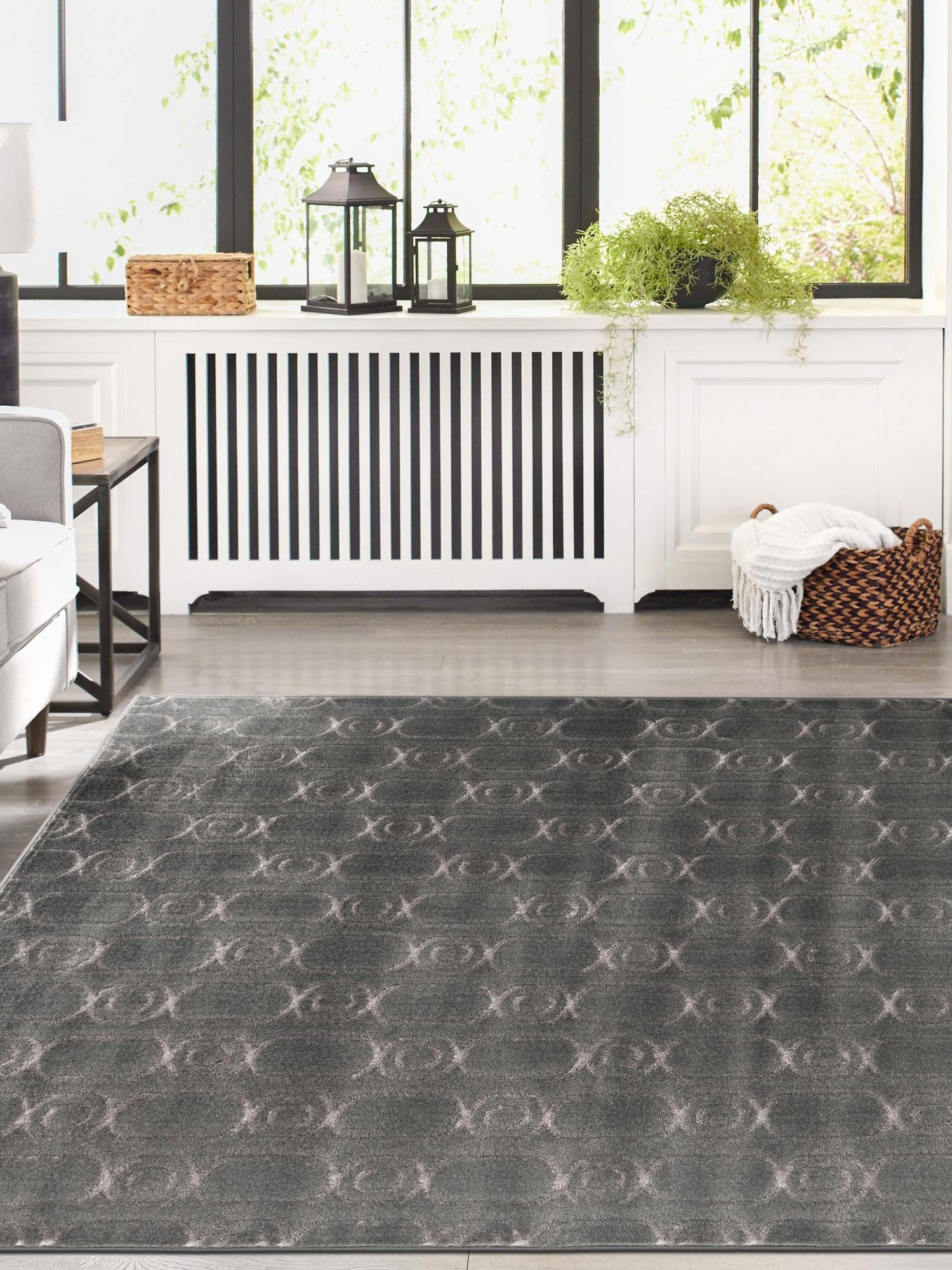 Gray and Silver 9' x 12' Vogue Geo Rectangle Area Rug Geometric Glam Style Shiny Accents Carpet Mat for Unique Interior Design & Home Decor for Sale at Rug Engine