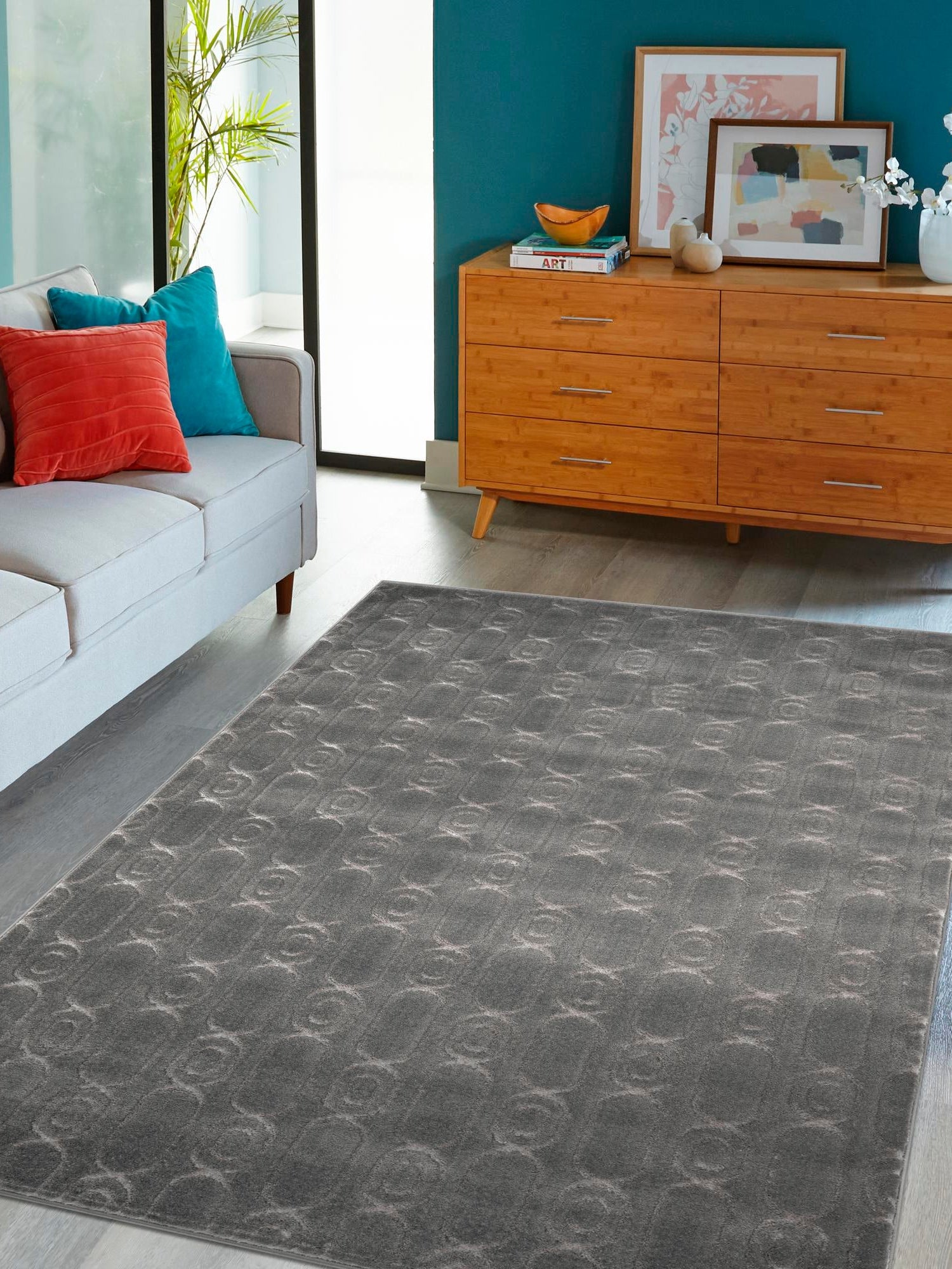 Gray and Silver 5' 3 x 8' Vogue Geo Rectangle Area Rug Geometric Glam Style Shiny Accents Carpet Mat for Unique Interior Design & Home Decor for Sale at Rug Engine