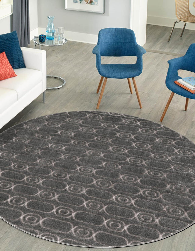 Gray and Silver 7' 10 x 7' 10 Vogue Geo Round Area Rug Geometric Glam Style Shiny Accents Carpet Mat for Unique Interior Design & Home Decor for Sale at Rug Engine