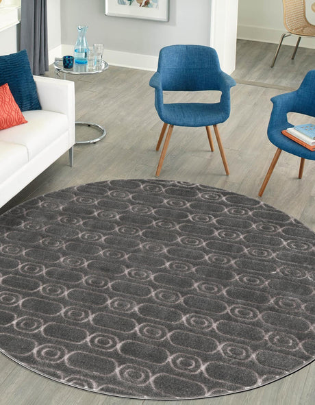 Gray and Silver 6' 1 x 6' 1 Vogue Geo Round Area Rug Geometric Glam Style Shiny Accents Carpet Mat for Unique Interior Design & Home Decor for Sale at Rug Engine