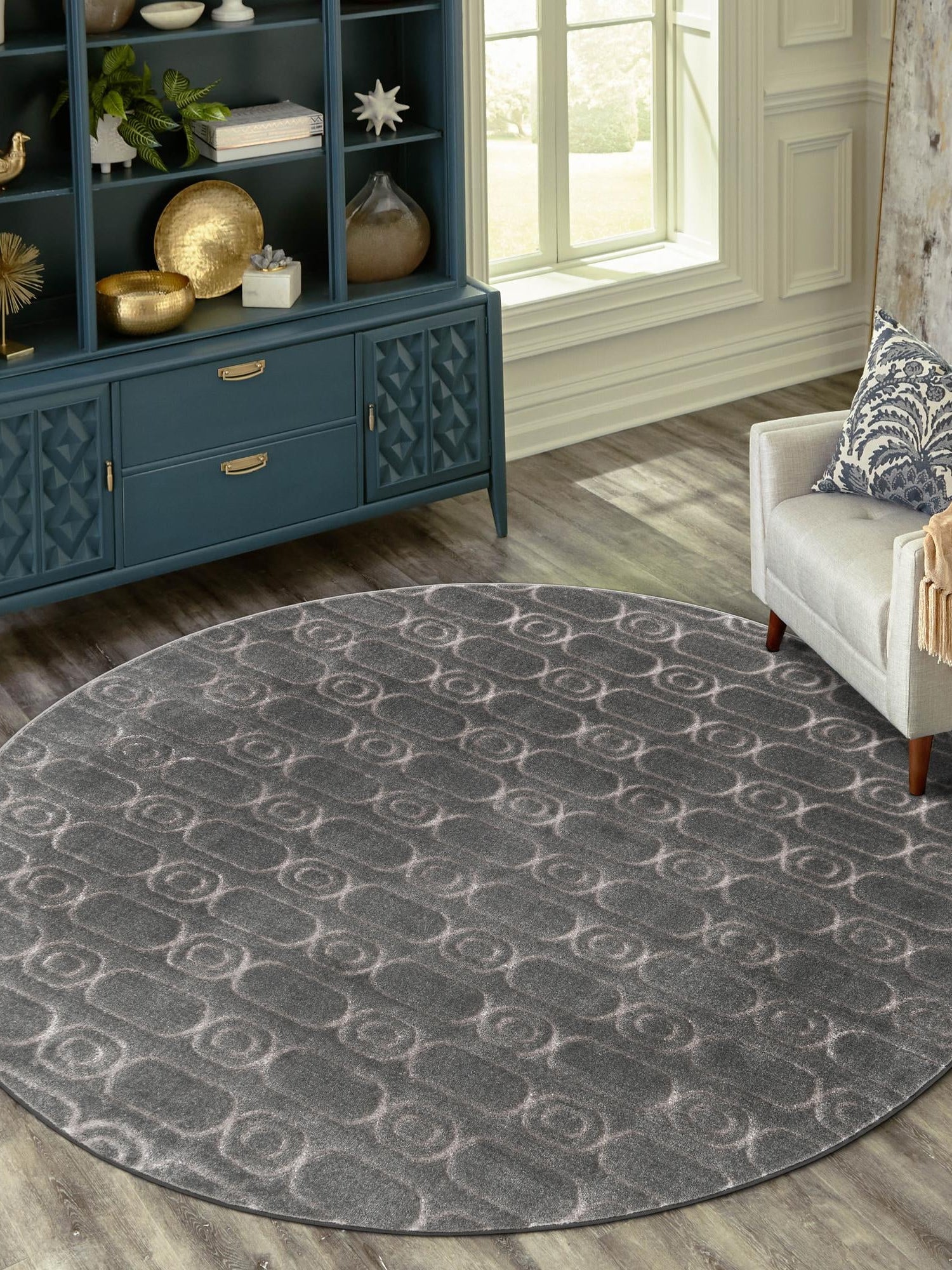 Gray and Silver 7' 10 x 7' 10 Vogue Geo Round Area Rug Geometric Glam Style Shiny Accents Carpet Mat for Unique Interior Design & Home Decor for Sale at Rug Engine