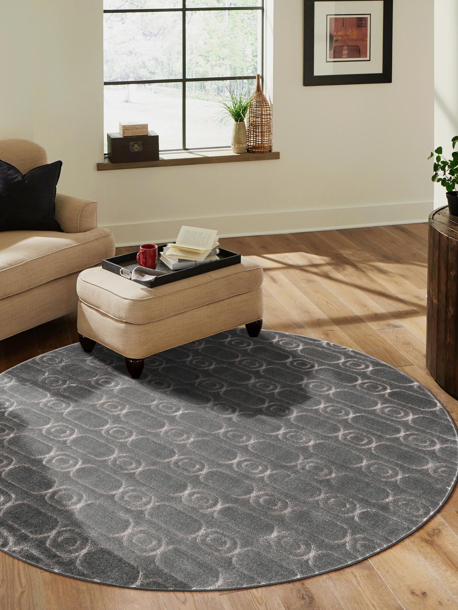 Gray and Silver 3' 1 x 3' 1 Vogue Geo Round Area Rug Geometric Glam Style Shiny Accents Carpet Mat for Unique Interior Design & Home Decor for Sale at Rug Engine
