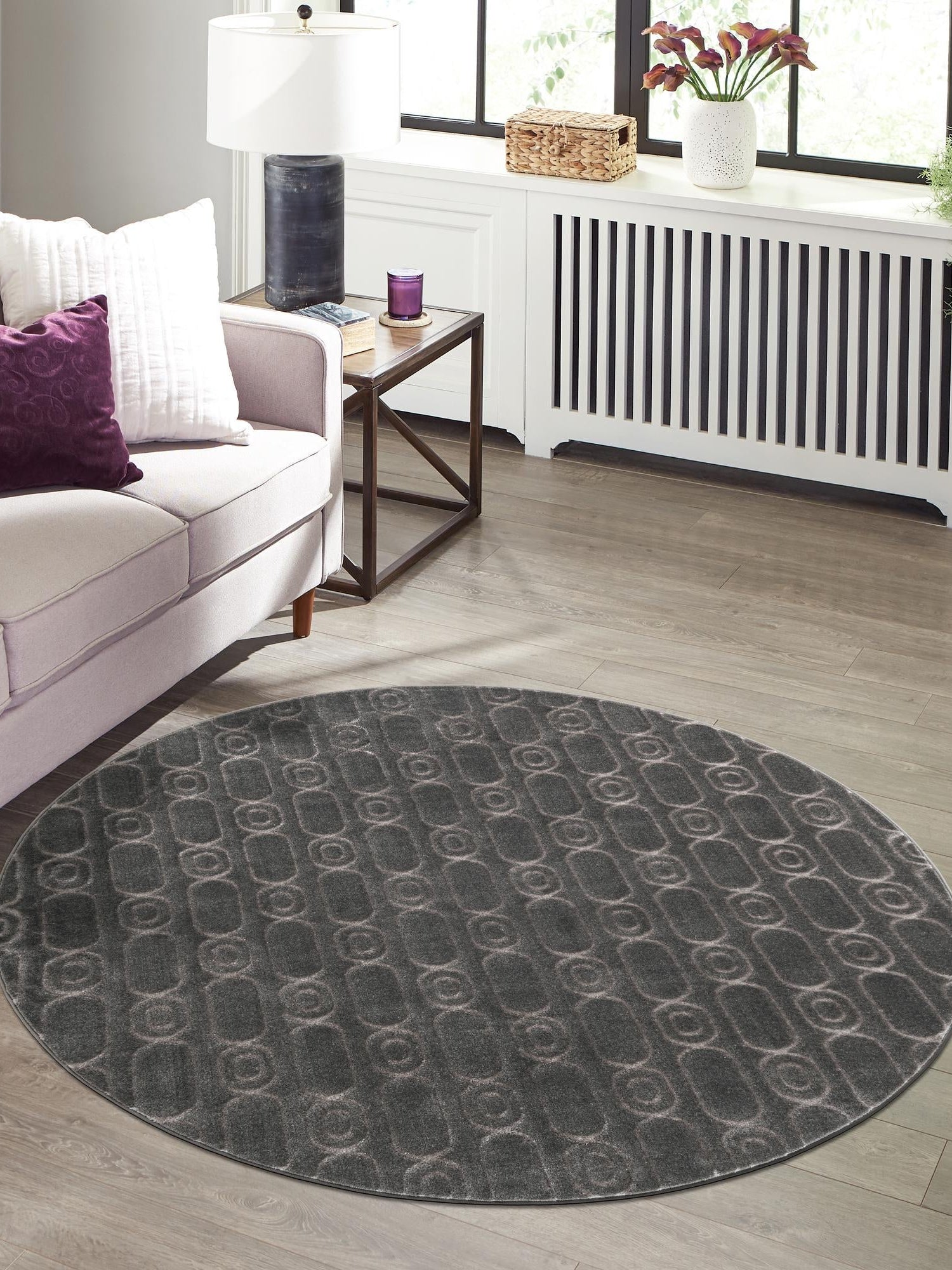 Gray and Silver 7' 10 x 7' 10 Vogue Geo Round Area Rug Geometric Glam Style Shiny Accents Carpet Mat for Unique Interior Design & Home Decor for Sale at Rug Engine