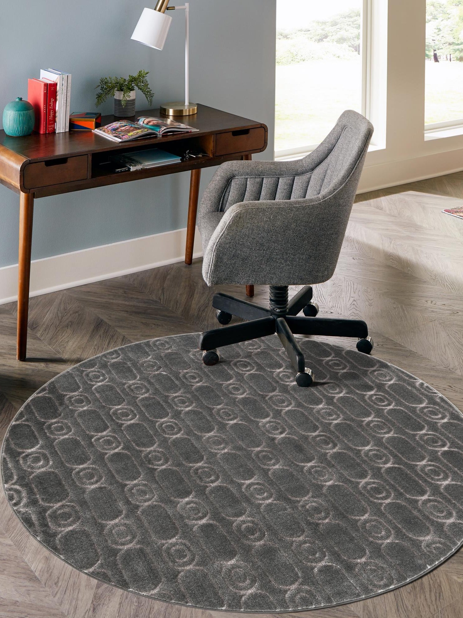 Gray and Silver 7' 10 x 7' 10 Vogue Geo Round Area Rug Geometric Glam Style Shiny Accents Carpet Mat for Unique Interior Design & Home Decor for Sale at Rug Engine