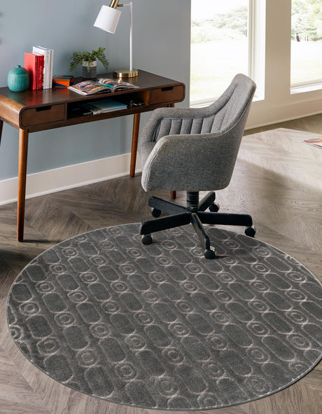 Gray and Silver 7' 10 x 7' 10 Vogue Geo Round Area Rug Geometric Glam Style Shiny Accents Carpet Mat for Unique Interior Design & Home Decor for Sale at Rug Engine