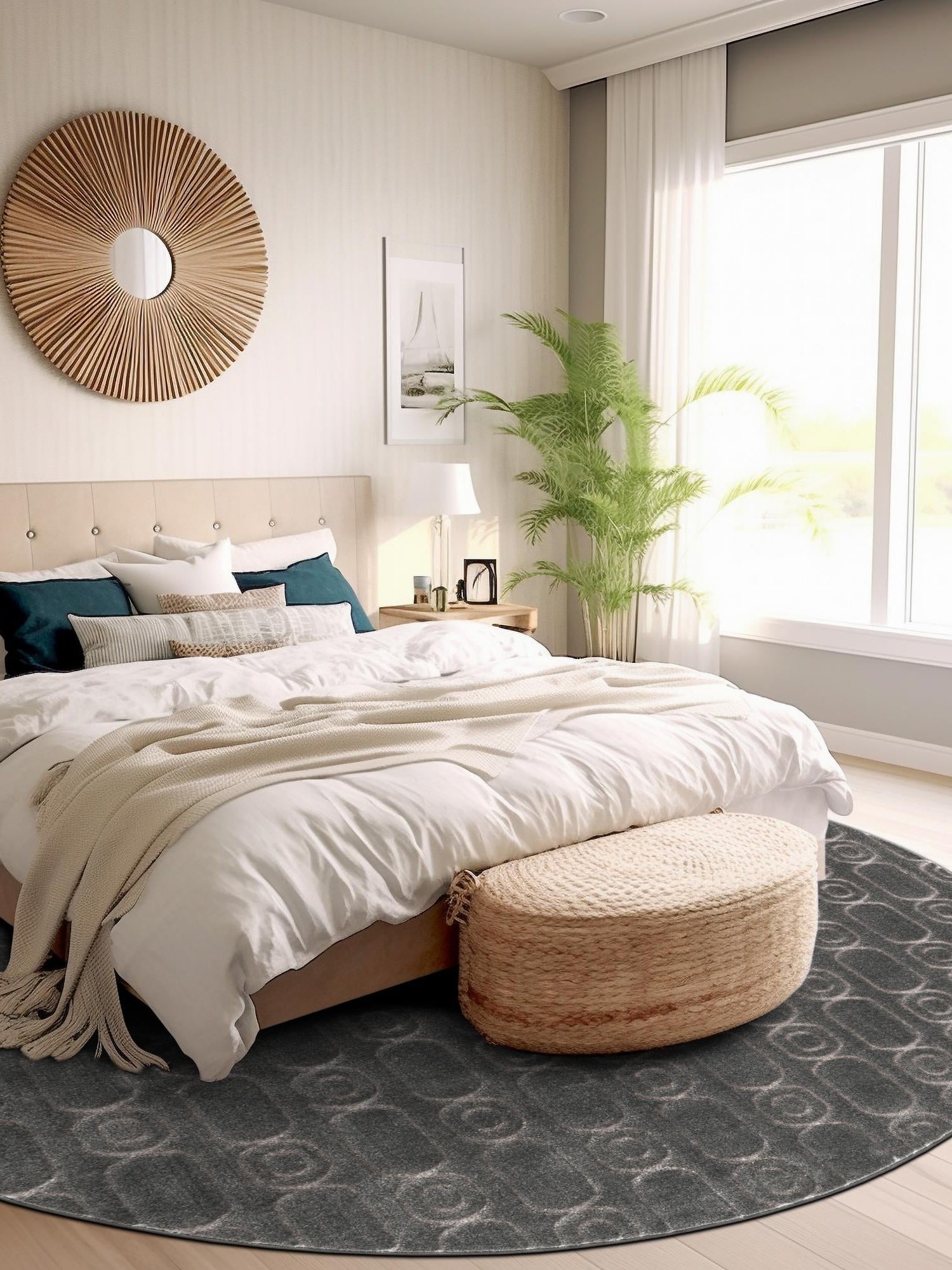 Gray and Silver 7' 10 x 7' 10 Vogue Geo Round Area Rug Geometric Glam Style Shiny Accents Carpet Mat for Unique Interior Design & Home Decor for Sale at Rug Engine