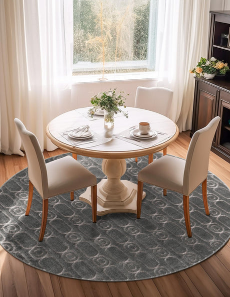 Gray and Silver 6' 1 x 6' 1 Vogue Geo Round Area Rug Geometric Glam Style Shiny Accents Carpet Mat for Unique Interior Design & Home Decor for Sale at Rug Engine