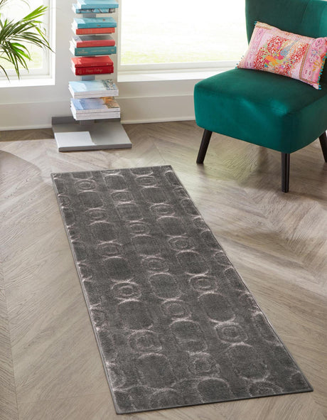 Gray and Silver 2' 7 x 12' Vogue Geo Runner Area Rug Geometric Glam Style Shiny Accents Carpet Mat for Unique Interior Design & Home Decor for Sale at Rug Engine